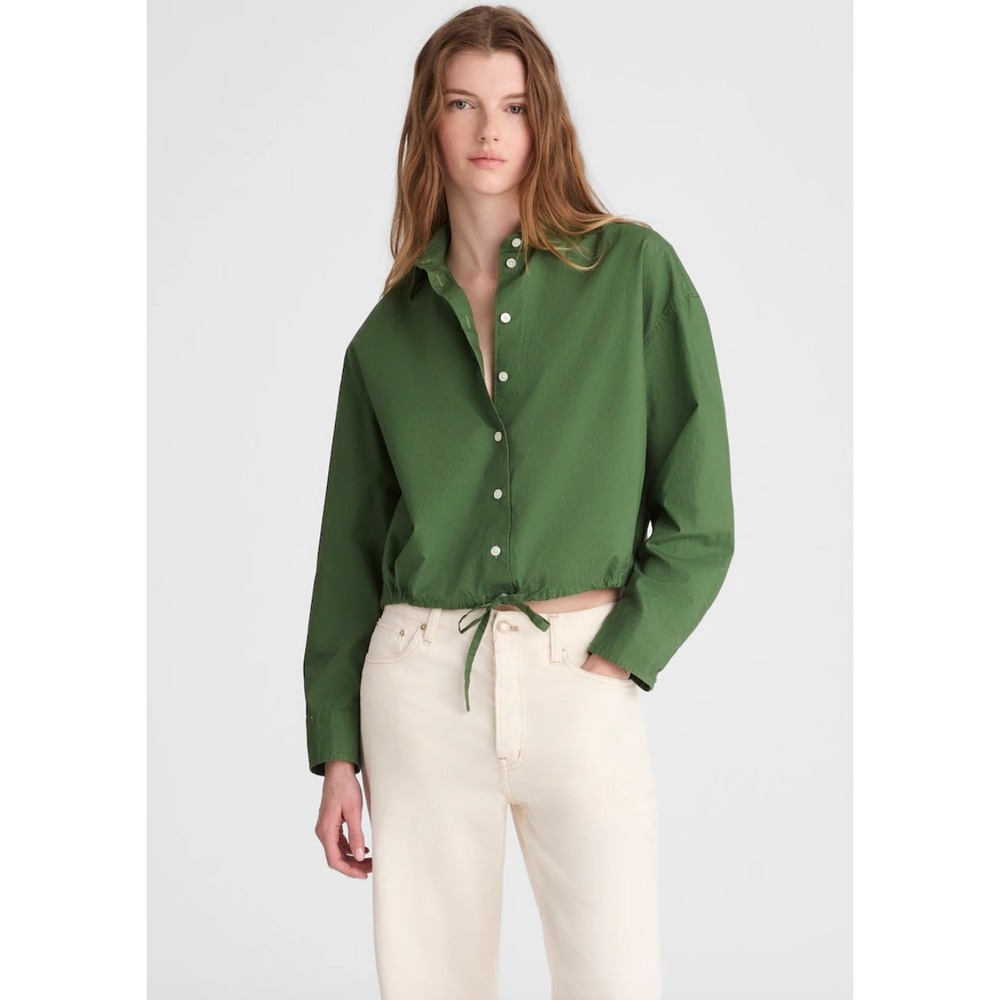NWT Madewell Cotton Poplin Drawstring Hem Button Shirt Utility Green L